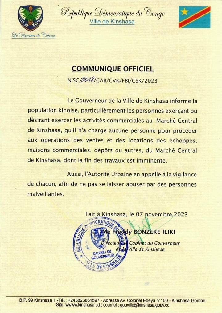 Vente d’espaces au marché central: Ngobila appelle les commerçants de Zando à la vigilance