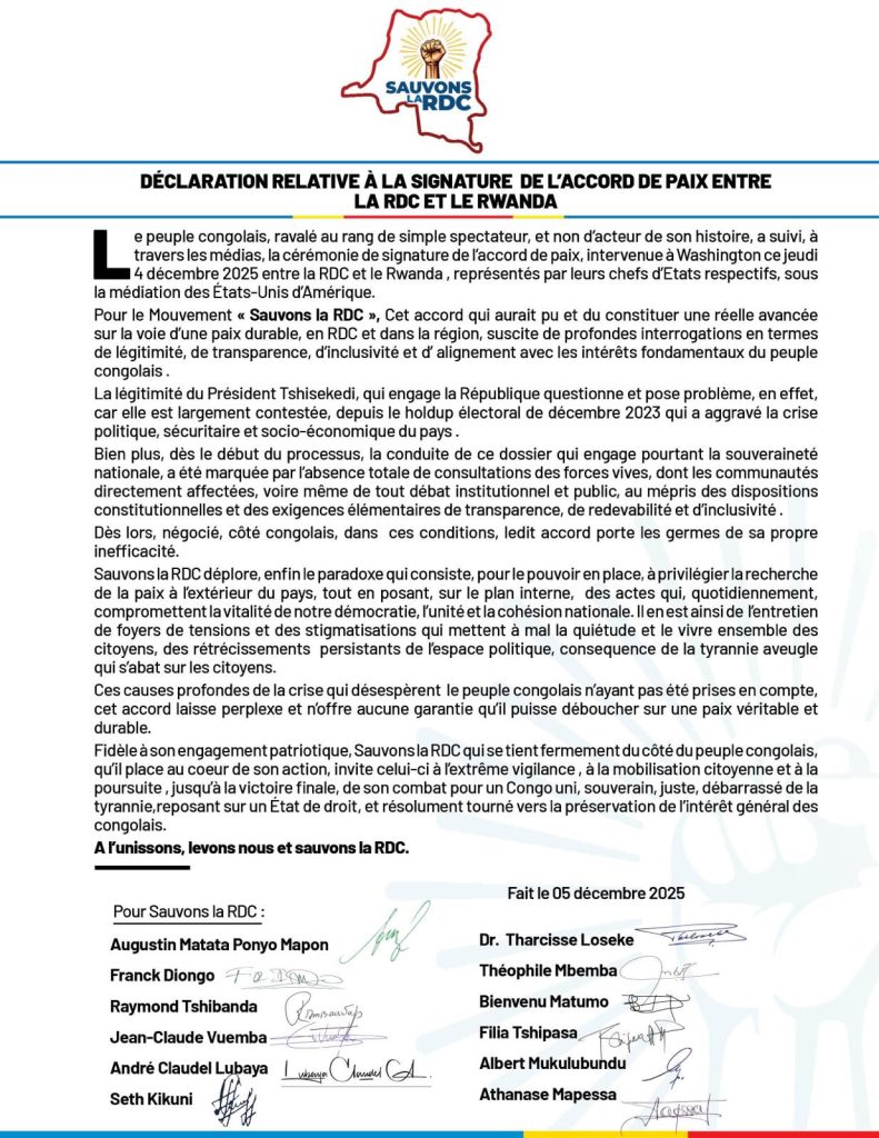 Accord de Washington : “Sauvons le Congo” de Kabila réagit avec prudence et réserve