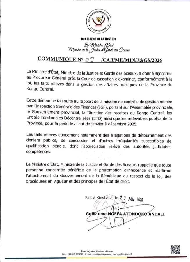 Gestion publique au Kongo Central : Le ministre de la Justice saisit le procureur général après un rapport de l’IGF
