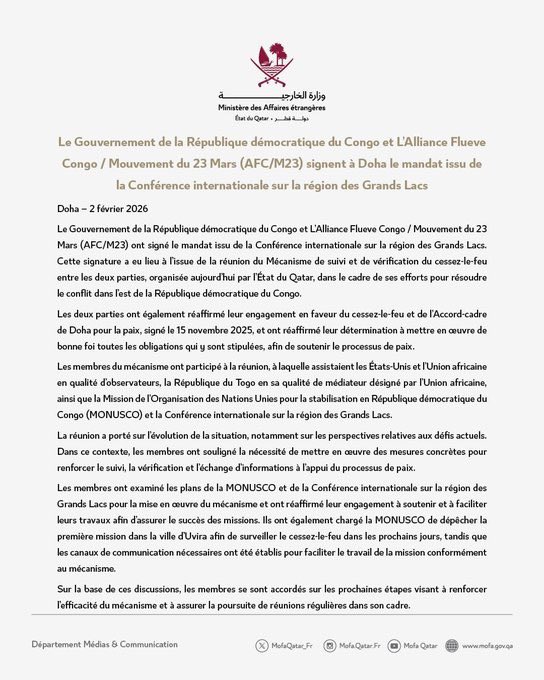 Doha : la RDC et l’AFC/M23 entérinent le mandat de la CIRGL